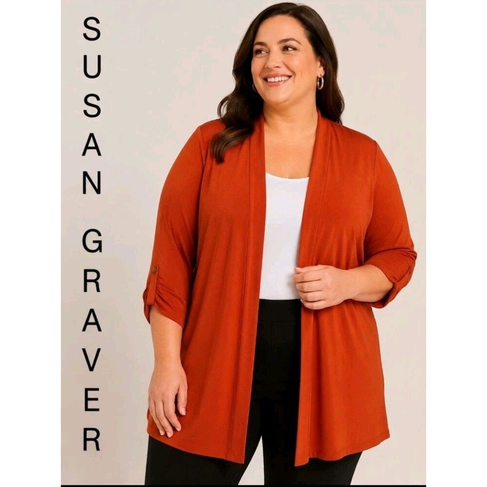 SUSAN GRAVER Women 1X Liquid Knit Open Front Cardigan Office Causal Rust A225110